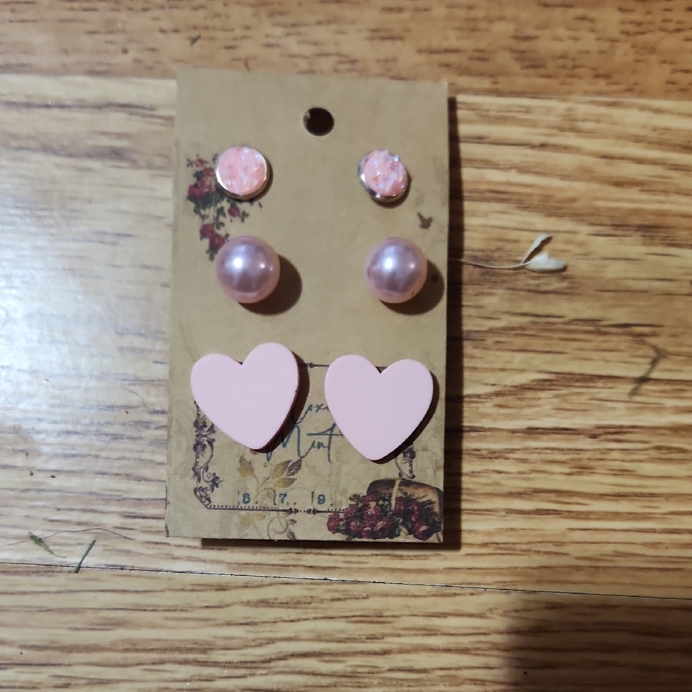 Pink Heart and Pearl Earring Set